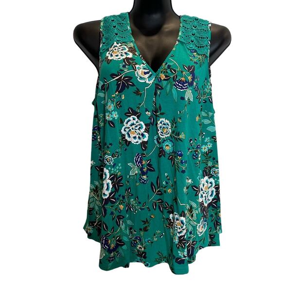 Daniel Rainn Tops - Daniel Rainn Green Floral Lace Tunic V-Neck Tank Top - 2X
